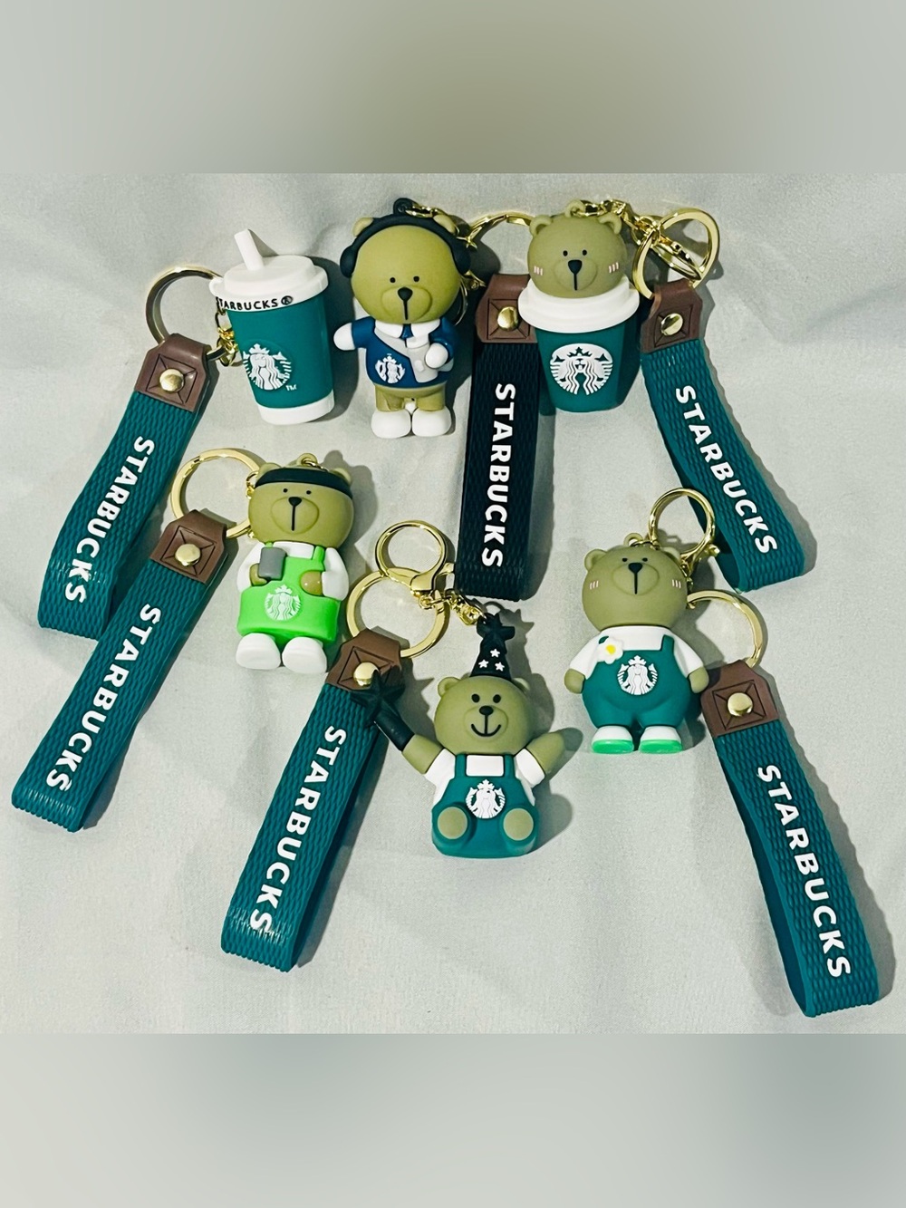 6 Pack Adorable Starbucks Green Bear Keychain Set with Branded Straps